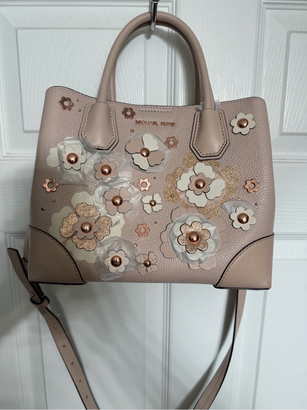 Michael Kors Floral Applique Satchel in Blush Pink with rose Gold Accents